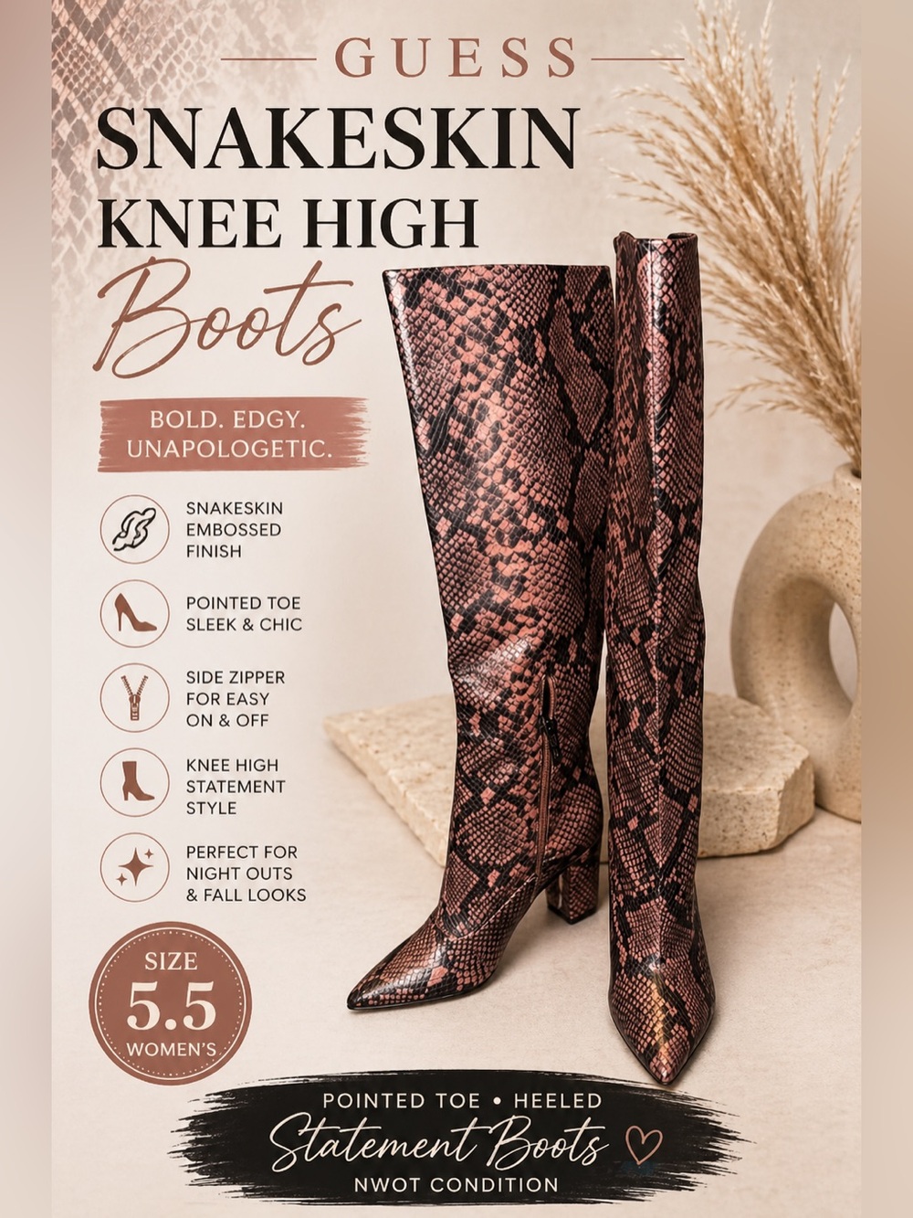 GUESS Snakeskin Knee High Boots Pointed Toe Heeled NWOT Womens 5.5 Statement